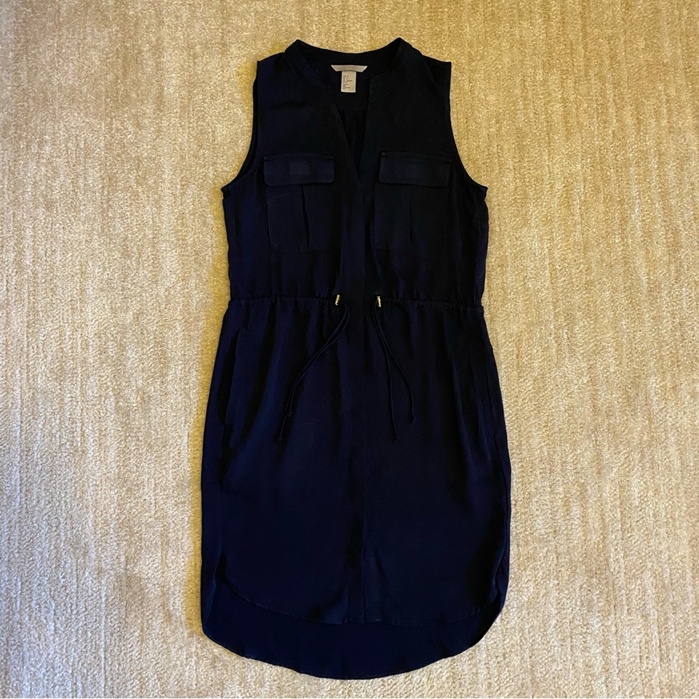H&M Navy Button Down Sleeveless Dress with V-Neck and drawstring waist, Size 2